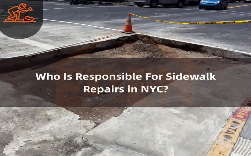 responsibility of sidewalk repairs A worker is removing damaged concrete to repair a sidewalk in nyc