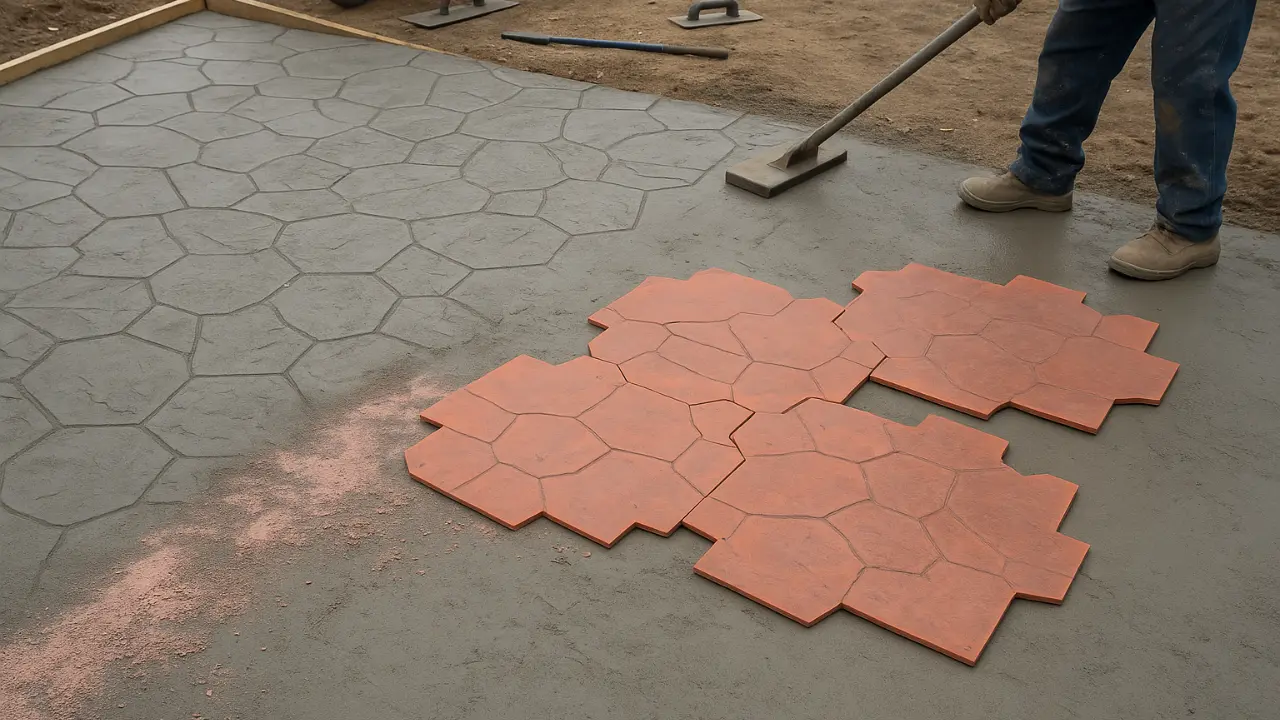 A man uses a concrete tamper to smooth and lay out a stamped concrete floor.