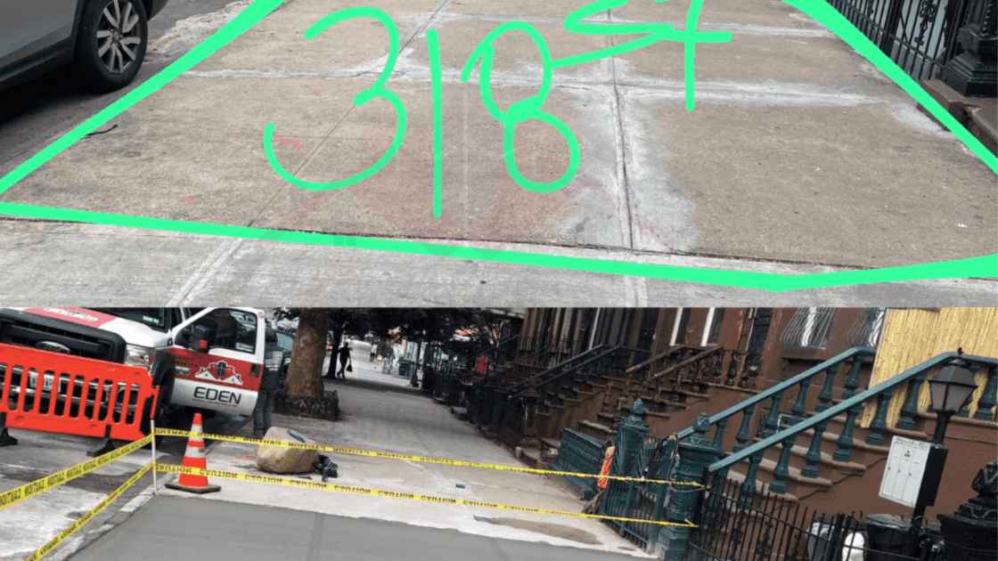 Workers repairing damaged sidewalks.