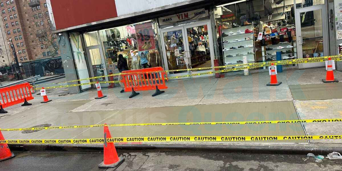 Sidewalk Repair Queens sidewalk repair project completed by Sidewalk Repairs Queens and covered by caution tape.