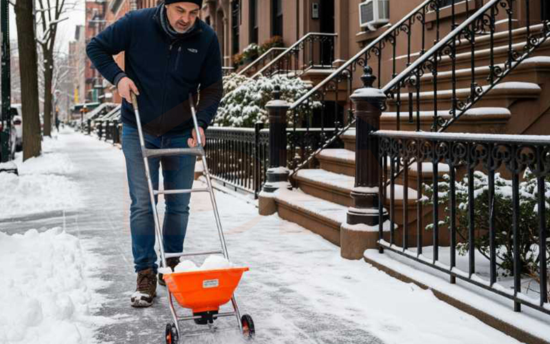 NYC homeowner applying salt on a concrete sidewalk to prevent winter ice buildup.